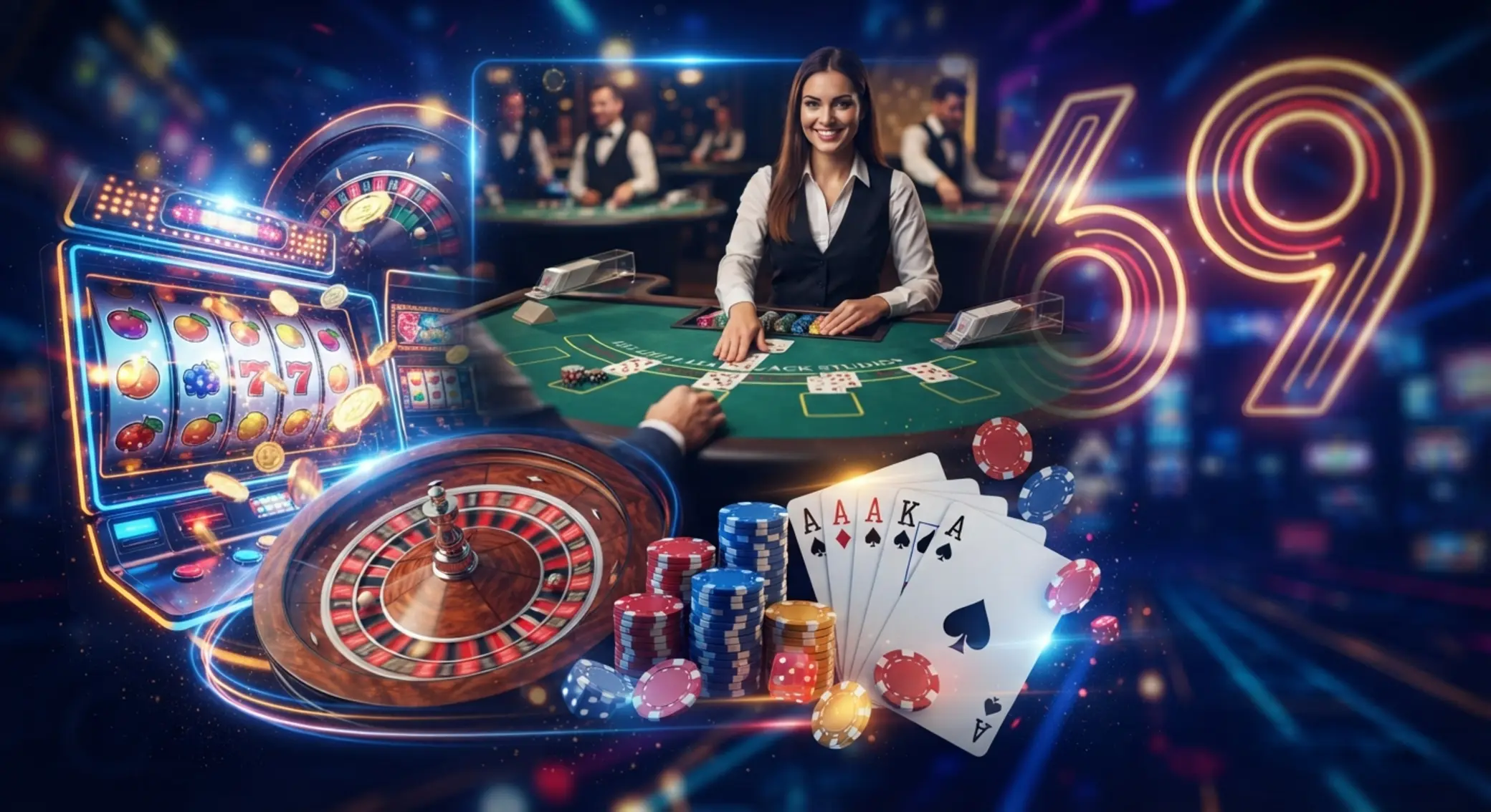 Koláž různých typů online her se sloty, ruletou a kartami