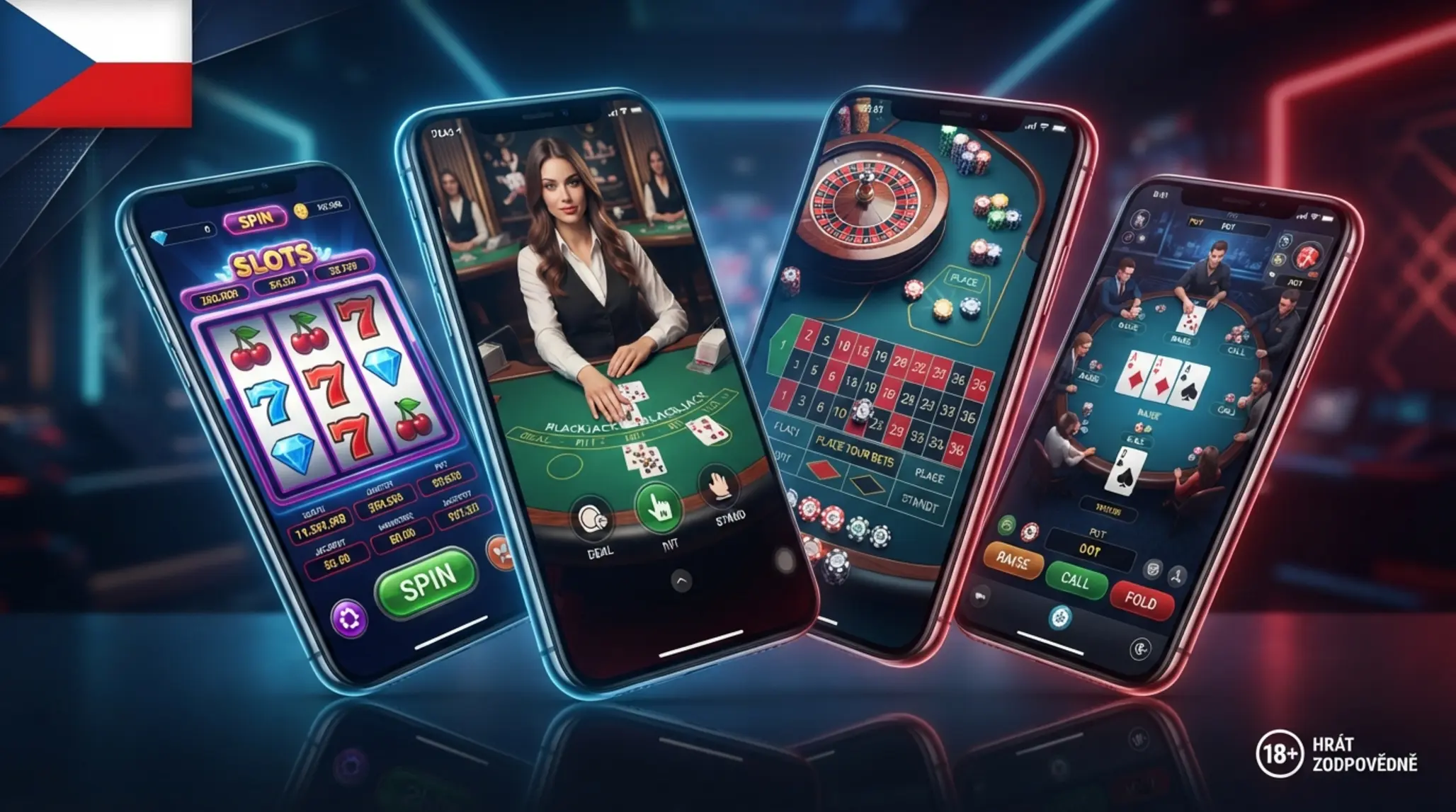 Koláž mobilních telefonů s herními aplikacemi v českém kontextu