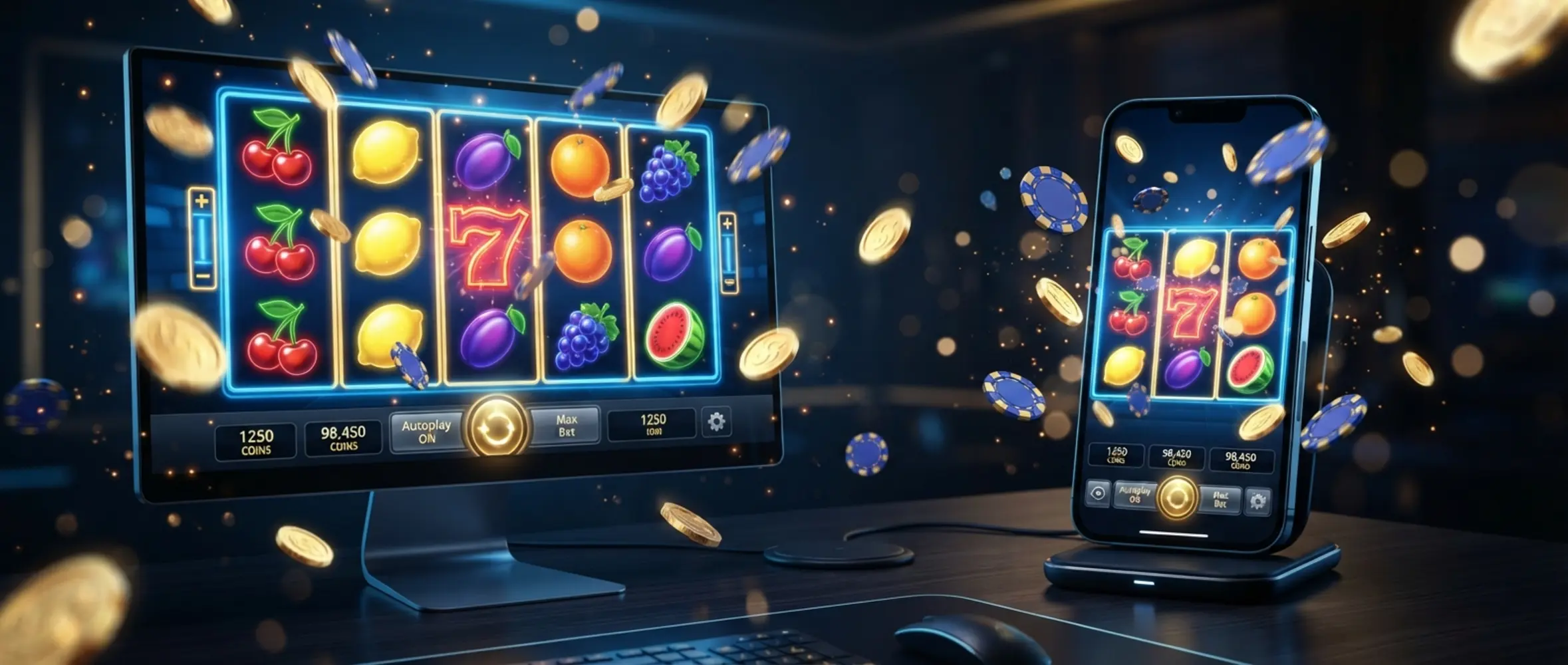 Přehled online automatů na monitoru a mobilu s herními symboly a mincemi
