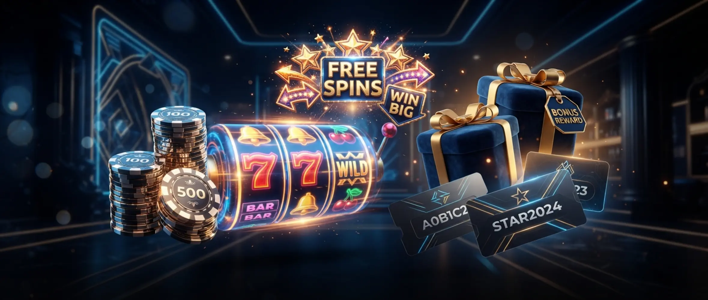 Koláž žetonů, válců automatů a symbolů free spins pro stránku o bonusových kódech