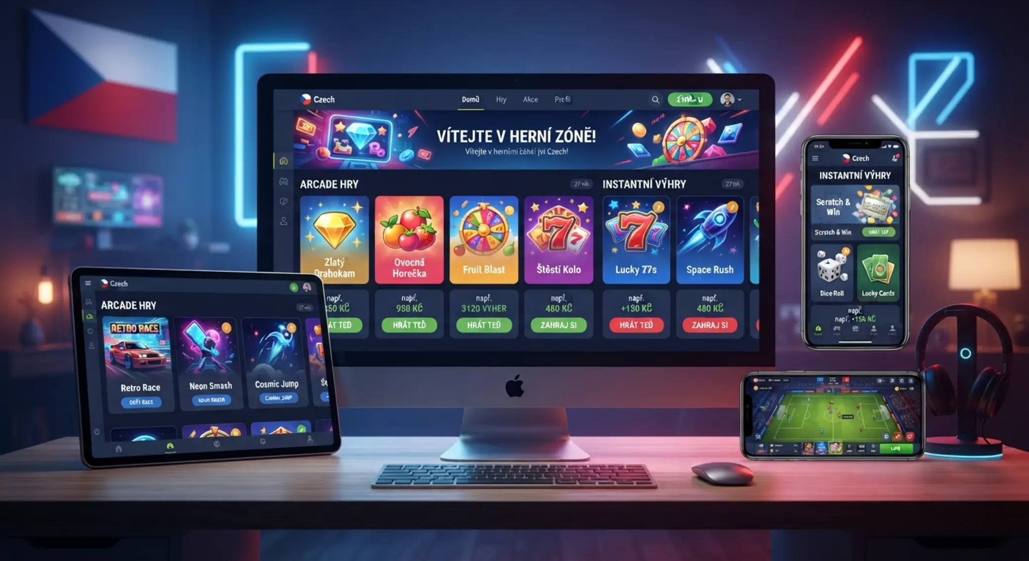 Koláž několika online herních lobby na mobilu a počítači