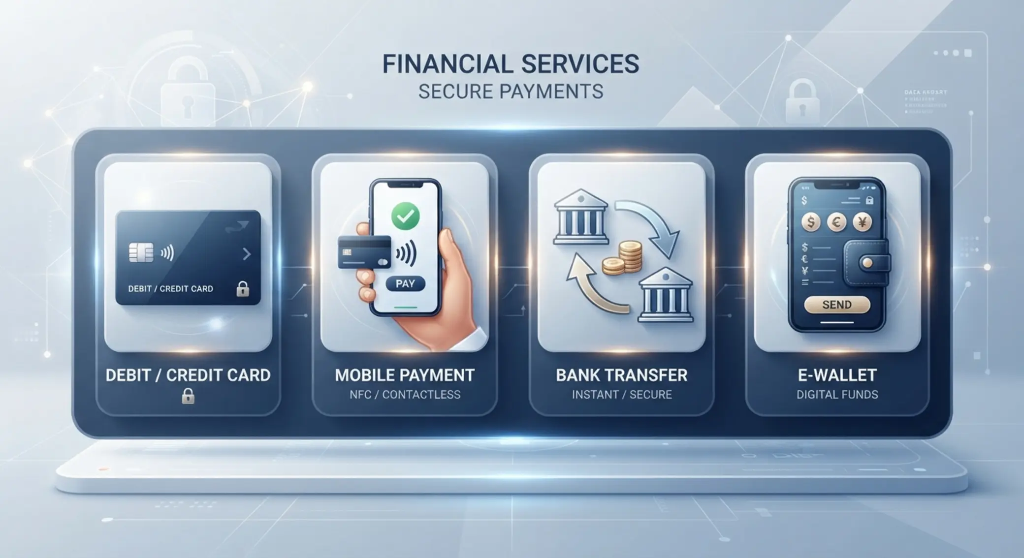 Ikony platebních metod pro online hraní: karta, mobil, banka a peněženka