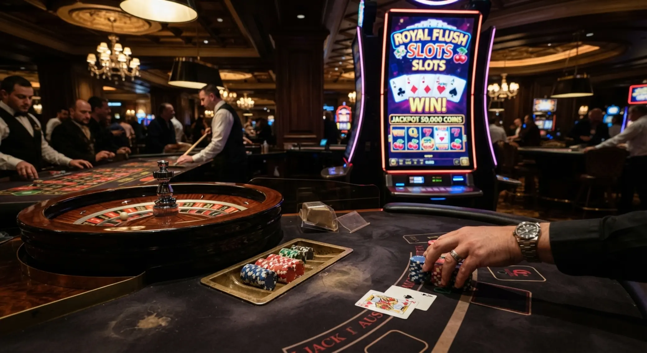 Mix her s karetní tématikou, ruletou, blackjackem a pokerovými žetony