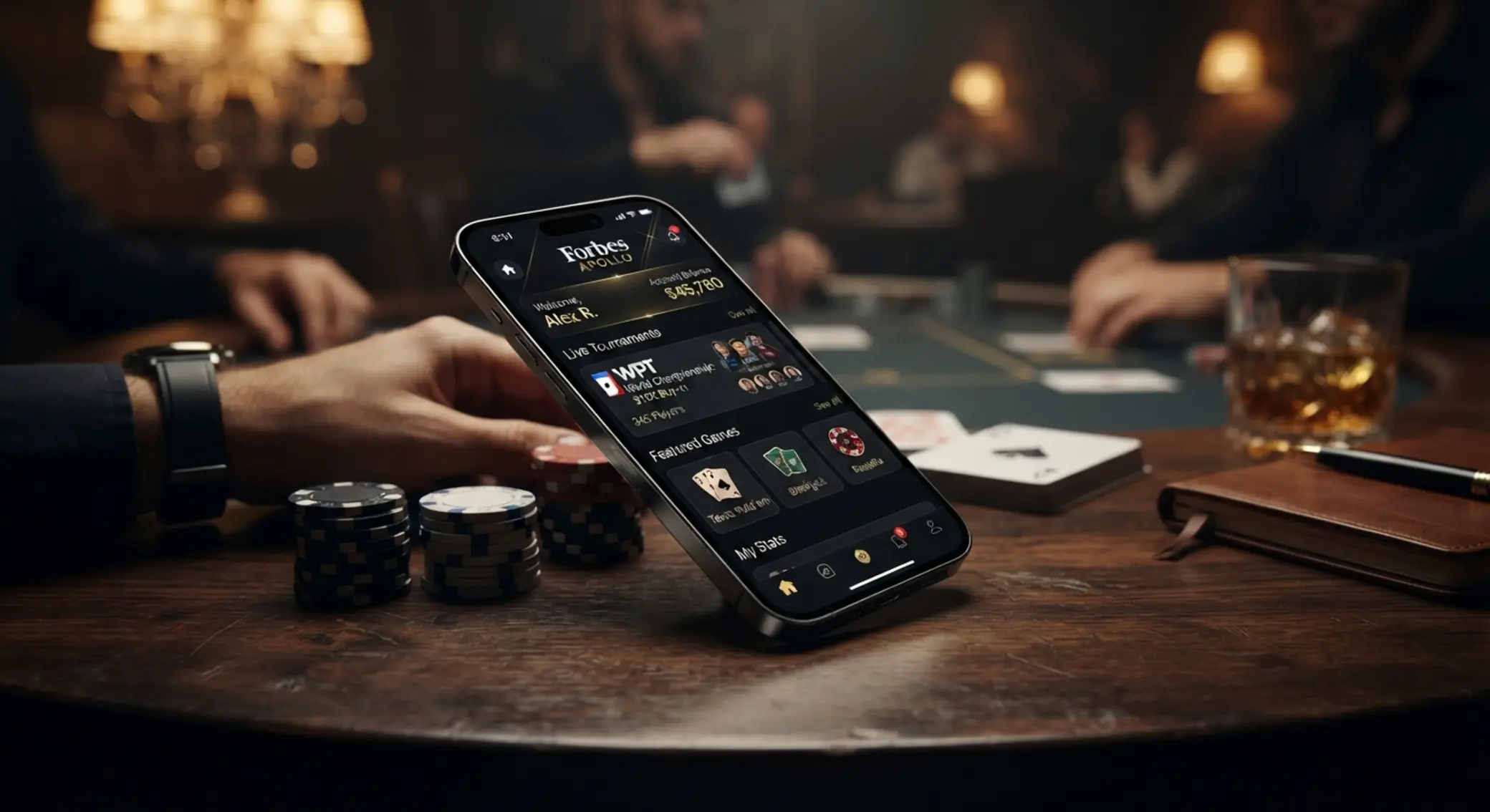 Mobil s online herním rozhraním a pokerovými žetony v pozadí