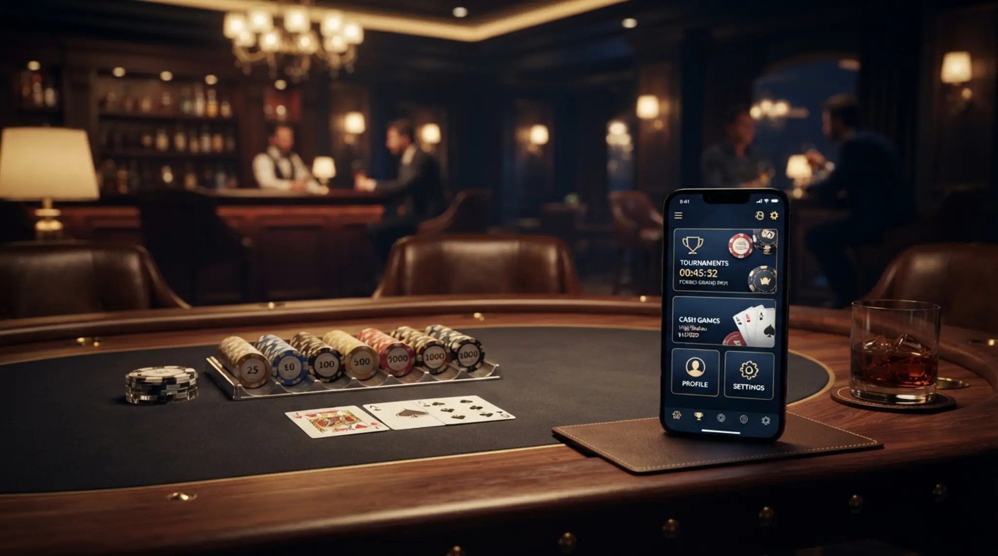 Pokerový stůl, žetony a mobil s online herním rozhraním v prémiovém klubovém prostředí