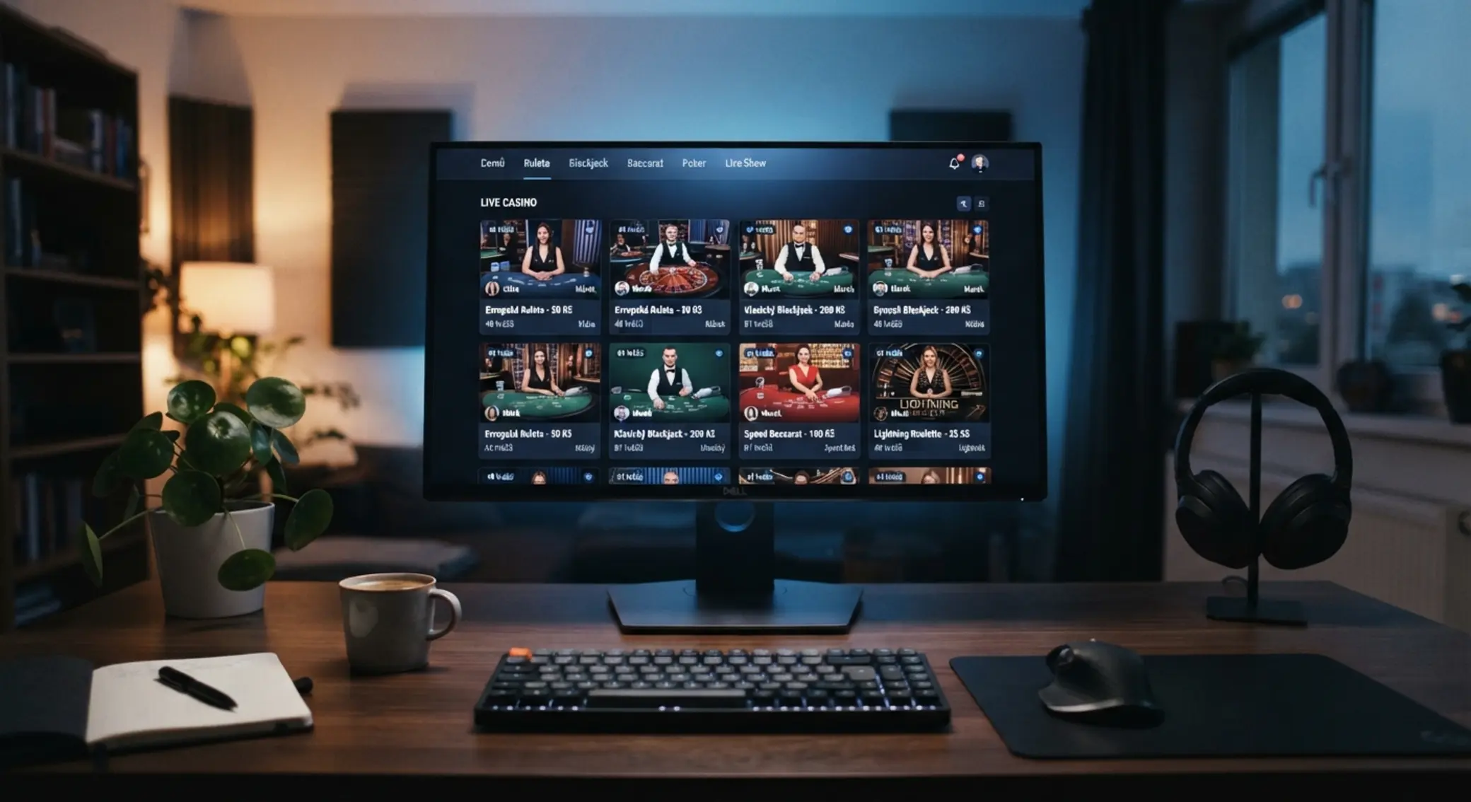 Ilustrační pohled na live lobby s výběrem rulety a blackjacku