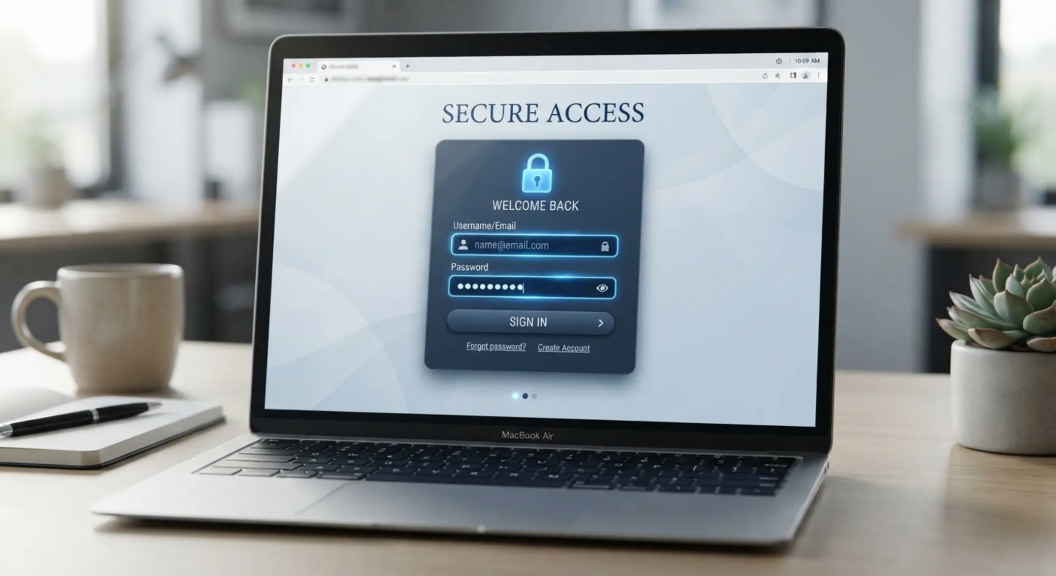Schéma přihlašovací obrazovky s polem pro login, heslo a ikonou zámku