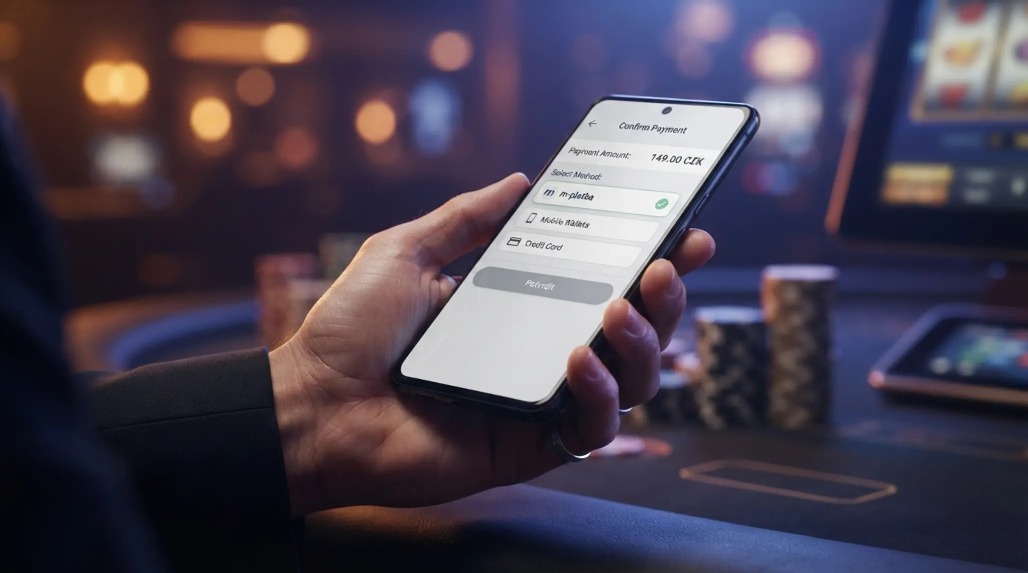 Mobil v ruce s platebním oknem m-platby na pozadí online herního prostředí