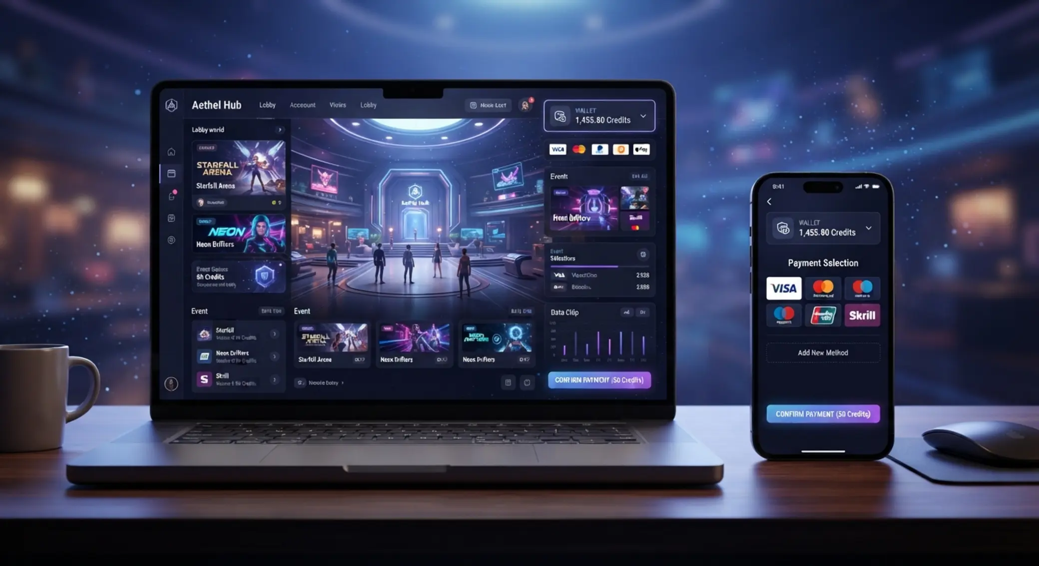 Přehled lobby online herní platformy na notebooku a mobilu s ikonou peněženky