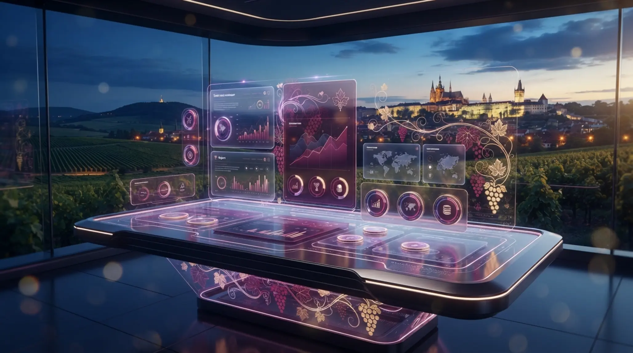 Abstraktní hero banner projektu vasevino s moderní digitální atmosférou a jemným vinařským brandingem