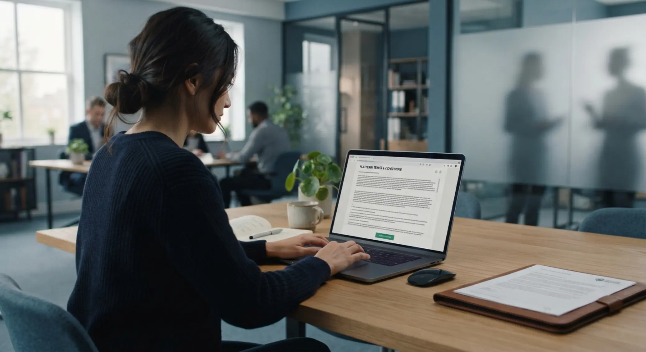 Uživatel čte podmínky webu na notebooku v neutrálním právním kontextu