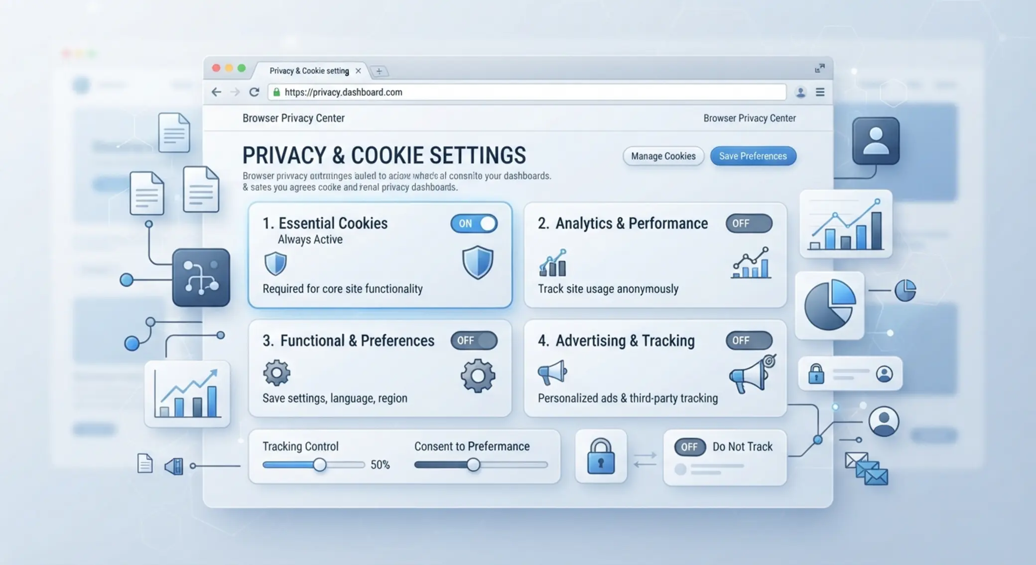 Schéma kategorií cookies a nastavení soukromí v prohlížeči